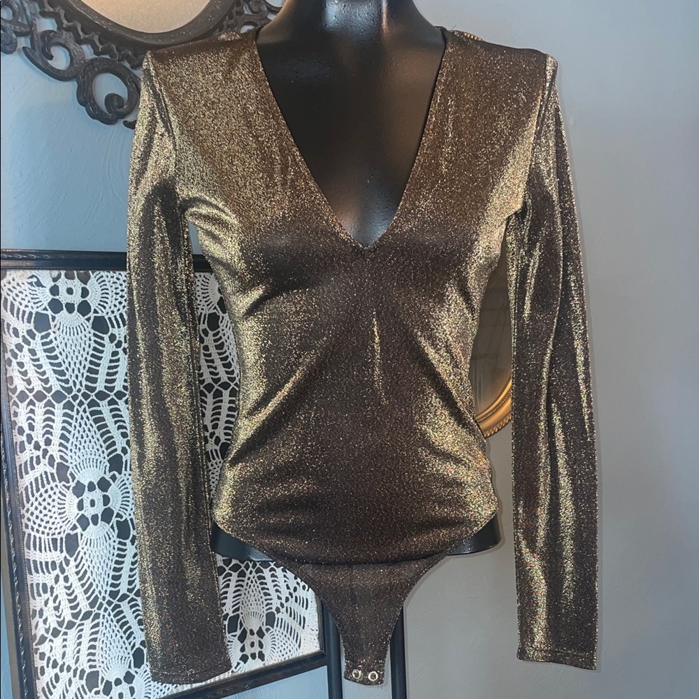 Express Shimmering Gold V-Neck Bodysuit
